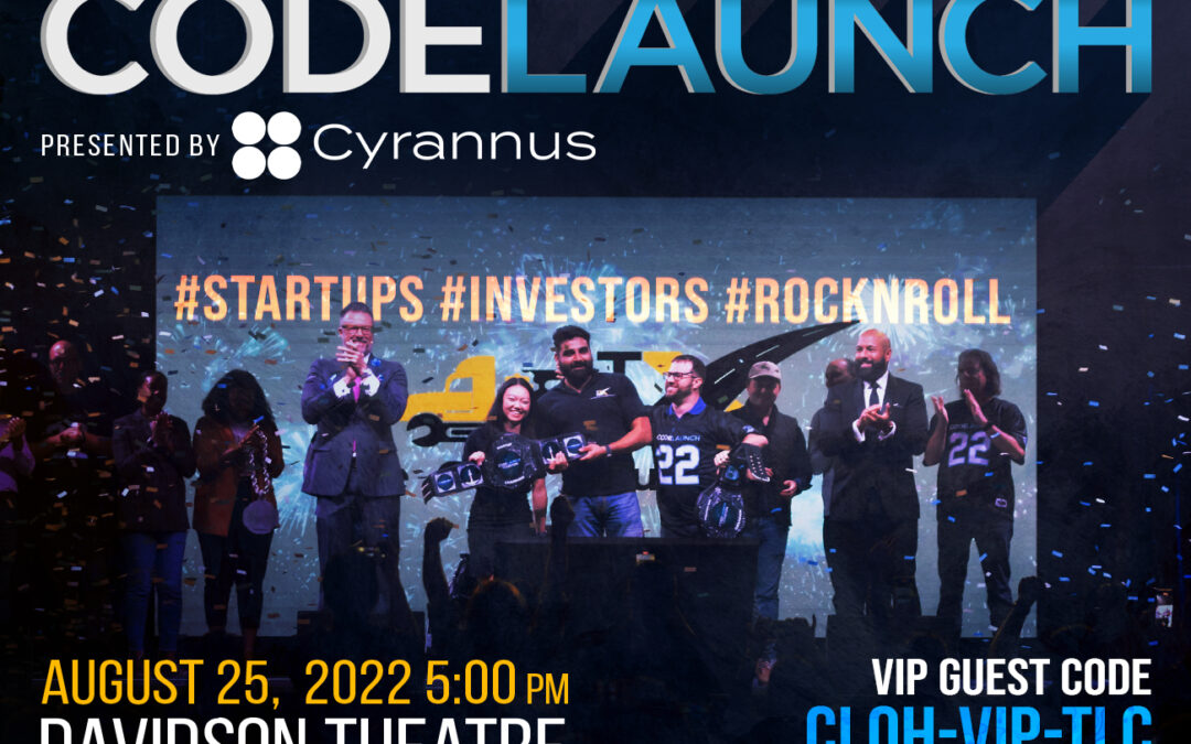 Image of winners of CodLaunch on stage. Join us at CodeLaunch presented by Cyrannus on August 25, 2022 at 5:00 pm.