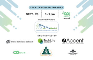 Line drawing of a larger human figure holding the hand of a smaller human figure holding a blanket against a blue and green graphic background. Tech Takeover Tuesday September, 26, 2023. 5 - 7 PM